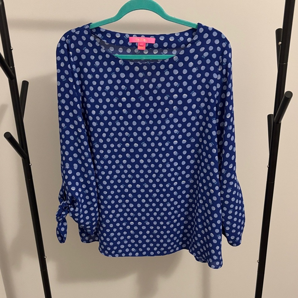 Lilly Pulitzer Royal Blue & White Polka Dot Tie-Cuff Blouse